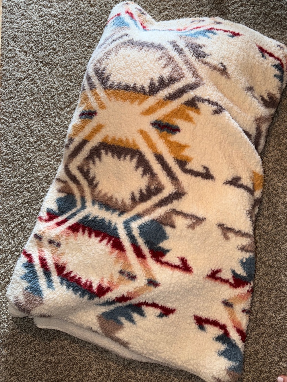 Cozy Sherpa Throw Blanket or Comforter with Aztec Pattern - Cream, Red & Blue